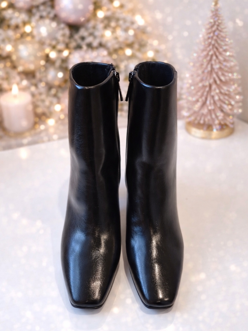 Anne Klein Black Leather Square-Toe Ankle Boots